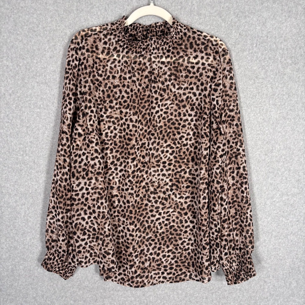Torrid Sheer Leopard Print Blouse Top Large Brown Smocked Mock Neck Ruffle 90s